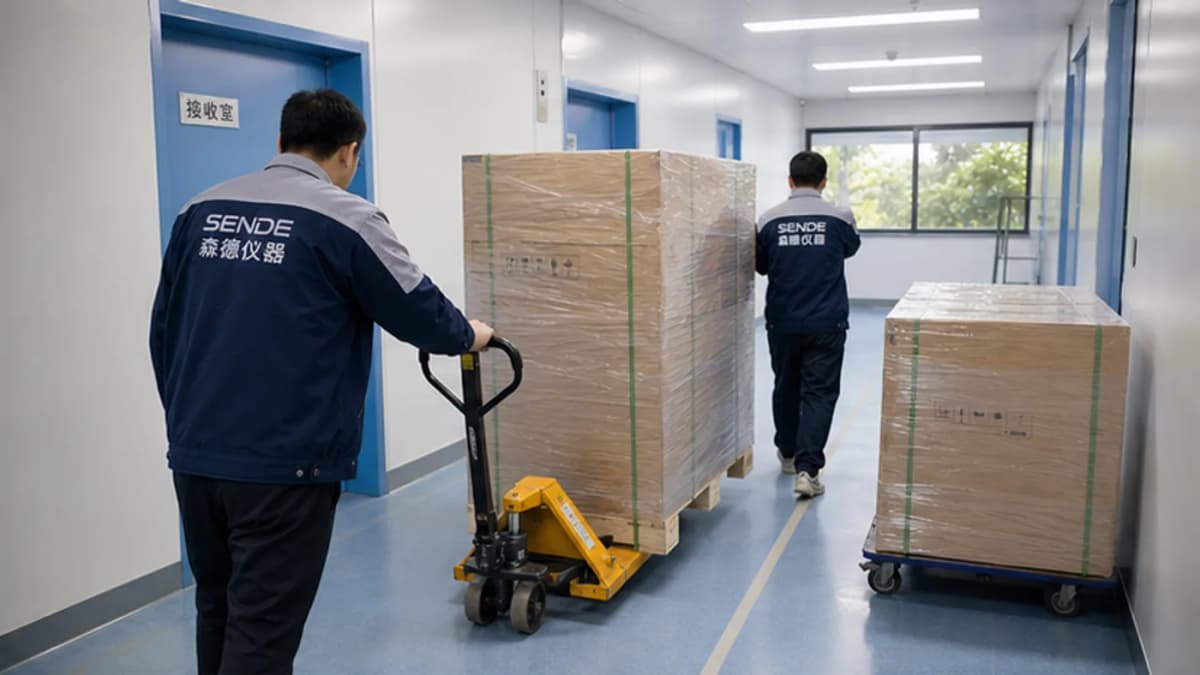 SENDE delivery team moving sealed crates through a laboratory corridor
