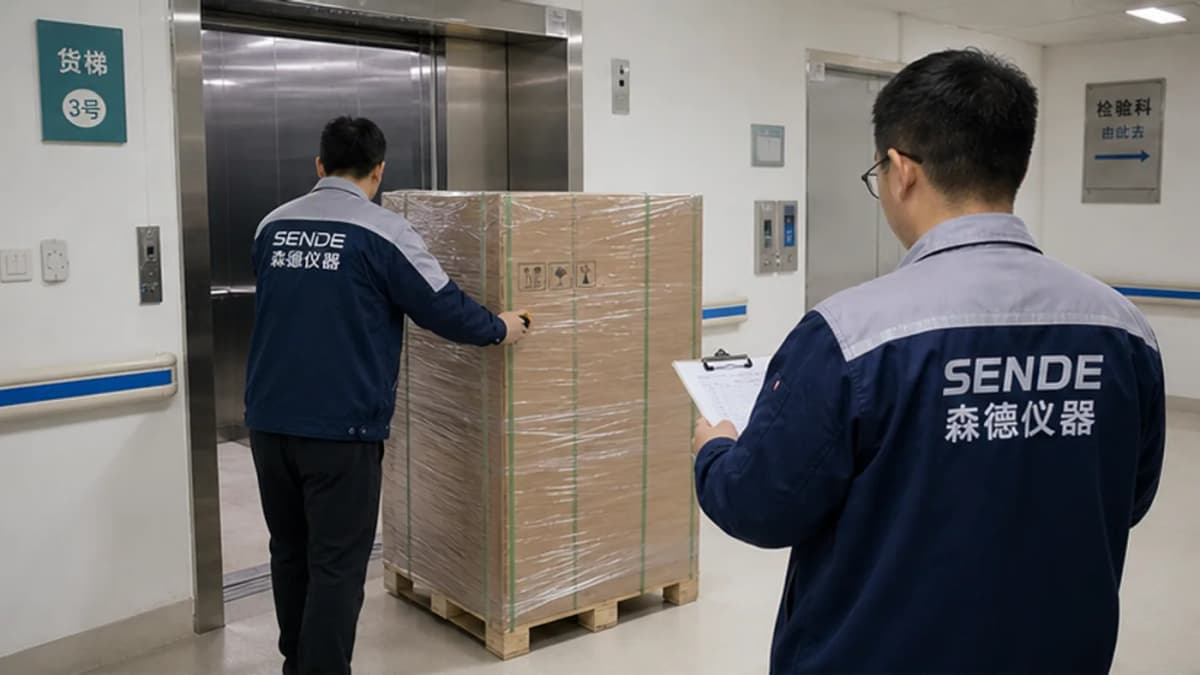 SENDE delivery team receiving sealed crates at a university freight elevator