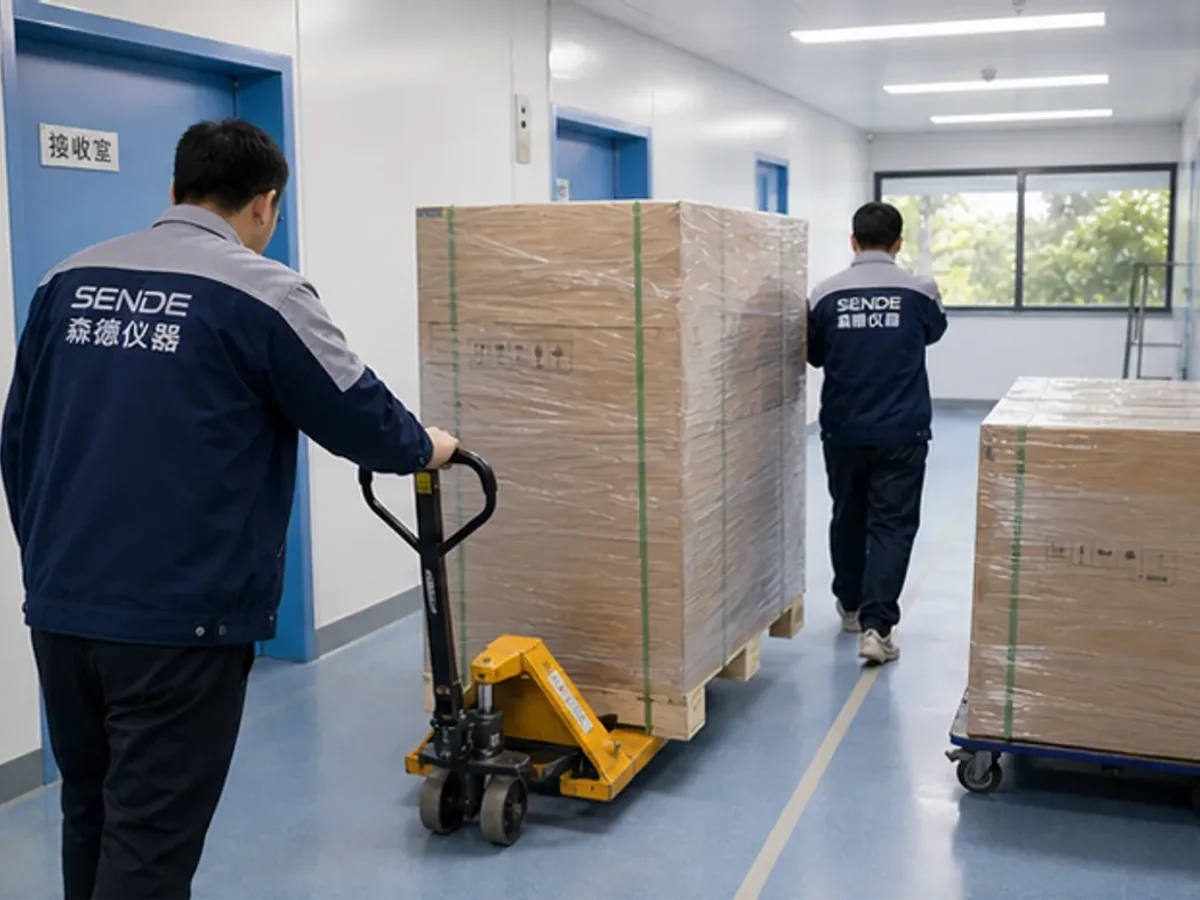 森德仪器交付团队在实验室走廊转运密封货箱